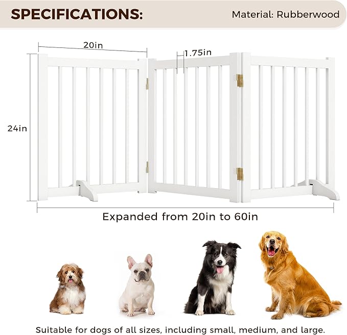 Indoor Dog Gate,Wooden Freestanding Dog Gate for Stairs or Doorways-3 Panels 24" - Folding Solid Wood Safety Pet Fence with 2 Support Feet-White Color