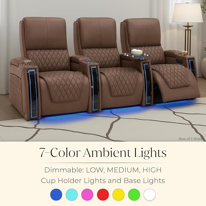 Seatcraft Apex Zero-Gravity CoolZero Italian Leather Home Theater Seating, Powered Headrest, Powered Lumbar, Powered Recline, Row of 3 Left Loveseat, Tobacco