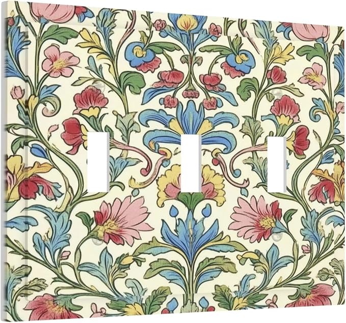 Decorative Switch Plates Boho Red Floral Morris Plant Leaves 3 Gang Wall Plate Triple Toggle Light Switch Cover Faceplate Electrical Wall Panels For Farmhouse Cabin Decor