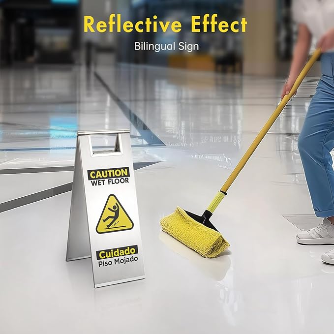 2 Packs Wet Floor Sign Stainless Steel for Business, Commercial Caution Wet Floor Sign Double Sided & Bilingual, Size 24'' * 9''，Silver