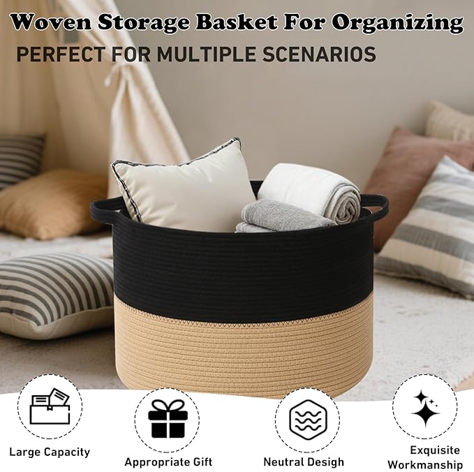 Large Storage Basket with Handle,19.7" L x 19.7" W x 13" H Blanket Basket Storage Bins for Organizing,65L Cotton Rope Woven Baskets for Living Room, Nursery ,Bedroom,Black&Camel