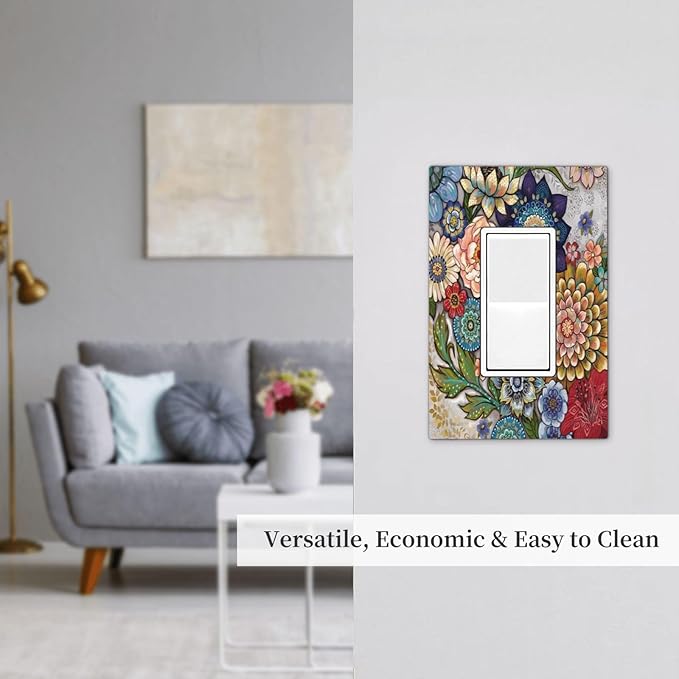 Boho Floral Colorful Floral Multi Color Flower Decorative Outlet Covers 1 Gang Single Rocker Light Switch Cover Plate Wall Plates GFCI Faceplate for Bedroom Living Room Home Decor