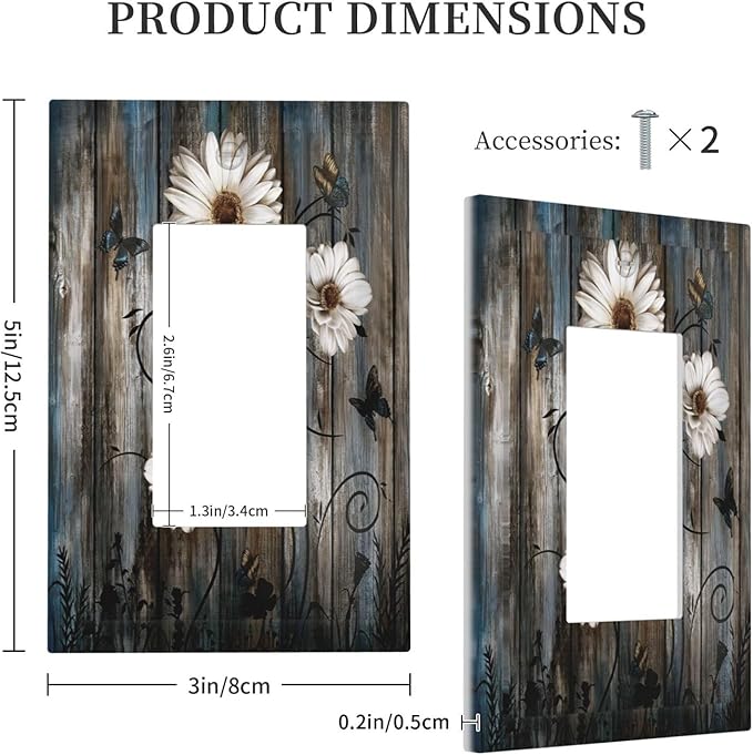 Rustic Wood Background Floral Butterfly Daisy Decorative Outlet Covers 1 Gang Single Rocker Light Switch Cover Plate Wall Plates GFCI Faceplate for Farmhouse Bedroom Decor