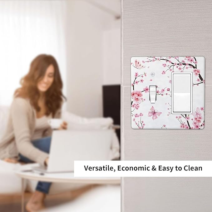Cherry Floral Watercolor Pink Flowers Butterfly Outlet Covers 1 Toggle 1 Rocker Combination Decorative Wall Plate Electrical Switch Plates Light Switch Cover Plate for Bed Room Living Room Decor