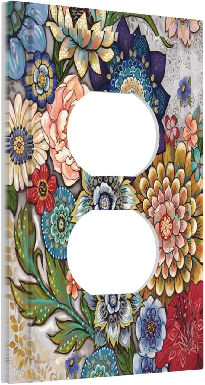 Boho Floral Colorful Floral Multi Color Flower Outlet Covers 1 Gang Duplex Light Switch Cover Decorative Switch Plates Electrical Receptacle Faceplate Wall Plate for Bedroom Living Room Home Decor