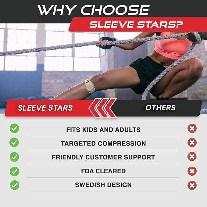Sleeve Stars Swedish Brand Patellar Tendon Support Strap for Women & Men Effective Osgood Schlatter Knee Brace Youth & Kids Knee Brace with 3 Adjustable Length fits 12"-24" (Single/Beige/Adult)