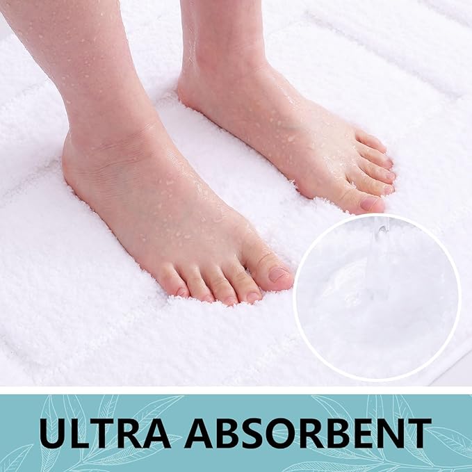 Buganda Bathroom Rugs, 59" x 20", Soft and Absorbent Microfiber Bath Rugs, Non-Slip Shaggy Shower Carpet, Machine Wash Dry Bath Mats for Bathroom Floor, Tub and Shower, White