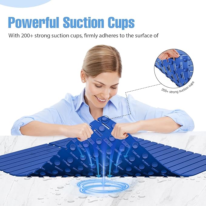 Shower Mat Non-Slip Bath Mat for Tub and Shower Stall,200+ Suction Cups with Drain Holes, Quick Dry Machine Washable, Extra Grip for Stand Up Showers, Bathroom Essentials 24x24 Inch (Blue)