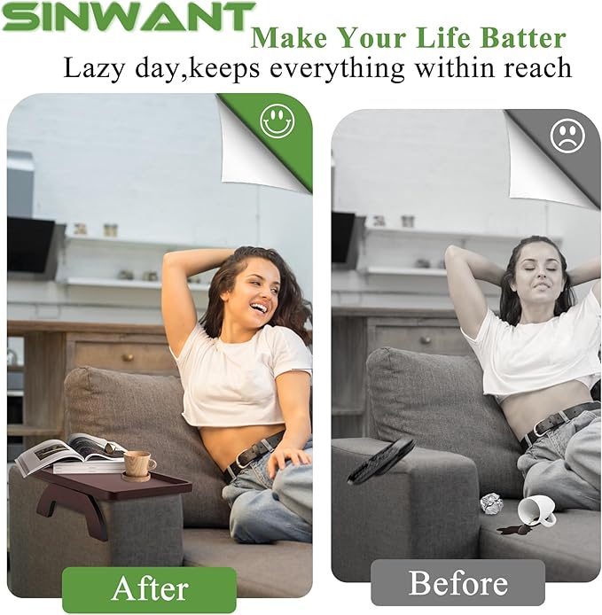SINWANT Couch Arm Table,Bamboo Sofa Arm Clip on Tray Tables,Couch Armrest Table Suitable for Home Drinks/Eat/Fruit, Snack Chair Tray for Drink Eating