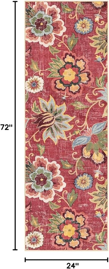 Beeiva Floral Washable Runner Rug 2x6, Red Christmas Runners Rug for Hallway with Rubber Backing, Ultra Thin Vintage Non Skid Washable Carpet for Bedroom Entrway Laundry Room