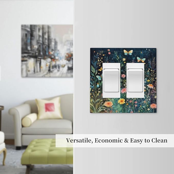 Decorative Outlet Covers Boho Vintage Floral Flower Butterfly 2 Gang Double GFCI Rocker Electrical Wall Panels Light Switch Cover Plate for Bedroom Home Decor