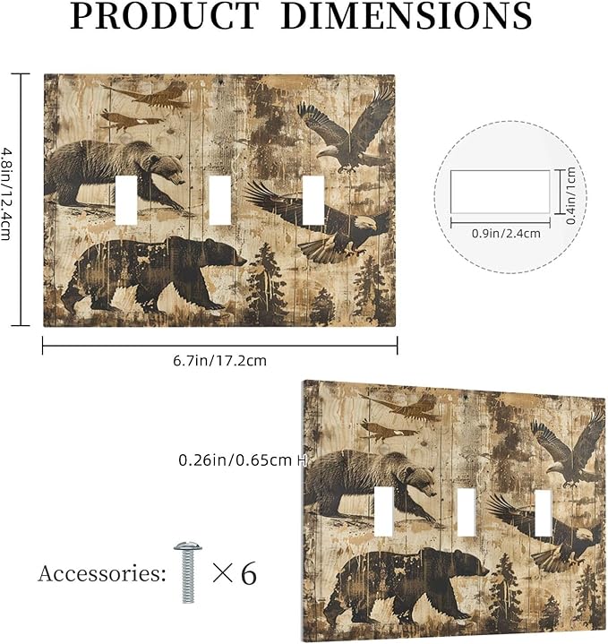 Decorative Switch Plates Vintage Cabin Wildlife Animal Bear Eagle Forest 3 Gang Wall Plate Triple Toggle Light Switch Cover Faceplate Electrical Wall Panels for Farmhouse Bedroom Decor
