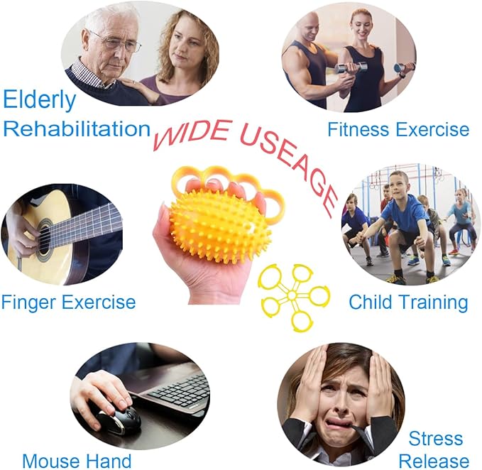 Hand Exerciser Ball and Finger Stretcher, Hand Grip Strengthener Trainer, Squeeze Balls, Wrist Pain Relief (Yellow)