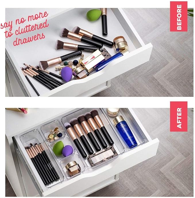 25 PCS Clear Plastic Drawer Organizers Set, 4-Size Versatile Bathroom and Vanity Drawer Organizer Trays, Storage Bins for Makeup, Bedroom, Kitchen Gadgets Utensils and Office Accessories