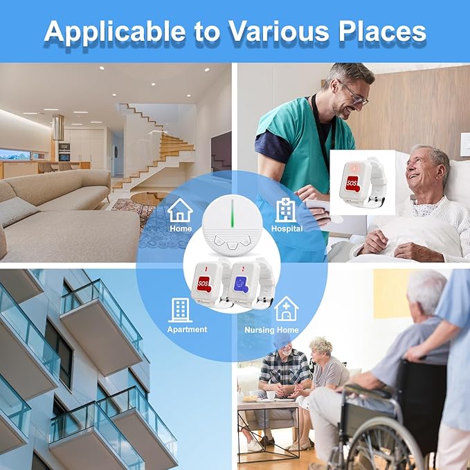 Alert Button for Elderly Wireless Caregiver Pager Life Emergency Nurse Alert System Seniors Patients at Home - 1 Plugin Receiver, 2 Watch Caregiver Call Button Alarm