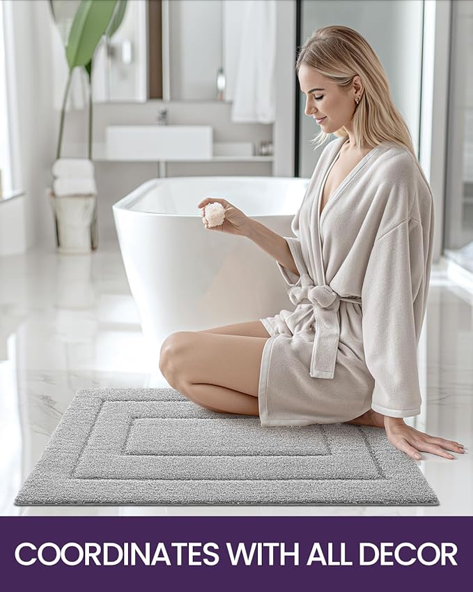 DEXI Bathroom Rug 32x20, Non Slip Washable Bath Mat for Shower Floor, Absorbent Soft Bathmat with Rubber Backing, Quick Dry Microfiber Carpet, Light Grey