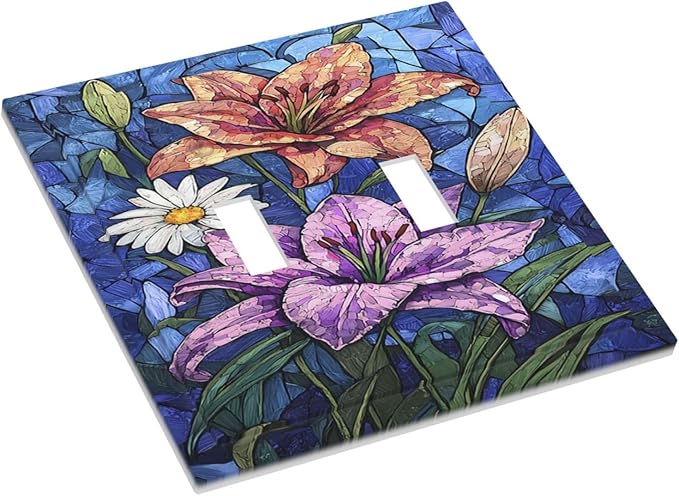 Decorative Switch Plates Vintage Colorful Flower Oil Painting Style 2 Gang Double Toggle Outlet Light Switch Cover Wall Plate Electrical Faceplate for Bedroom Bathroom Decor