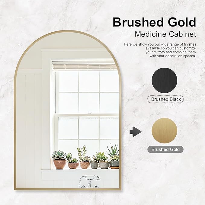 Recessed Medicine Cabinet for Bathroom,Brushed Gold Arched Medicine Cabinet with Mirror,Arch Mirrored Medicine Cabinets Recessed,Bathroom Mirror with Storage,Open from Left to Right 16x26