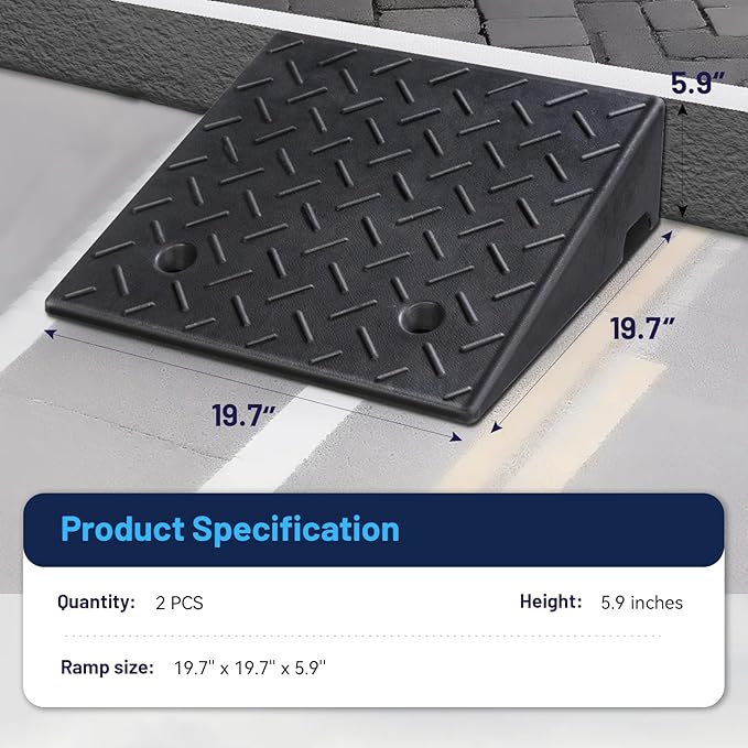 Rubber Curb Ramp, 6" Rise Height 2 Pack, Heavy-Duty 4 T Capacity Threshold Ramps, 19.7" L x 19.7" W Driveway Ramps for Cars, Wheelchairs, Bikes, Motorcycles