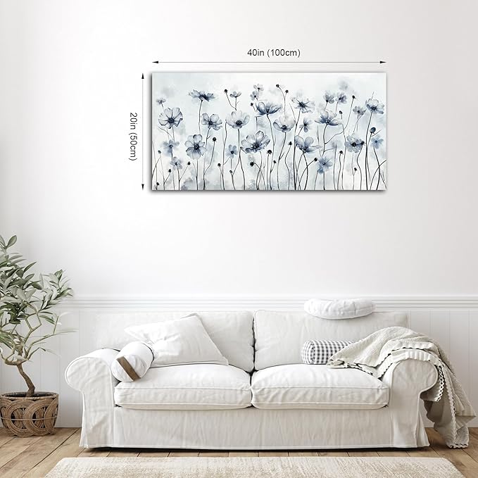 VEAEE Framed Flowers Canvas Wall Art - Indigo Floral Canvas Pictures, Living Room Wall Decor, Botanical Canvas Prints Painting Abstract Artwork Bedroom Office Home Decor 20"x 40"