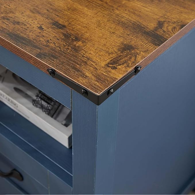Blue Night Stand Set of 2, Rustic End Table with Charging Station, Farmhouse Tall Nightstand for Bedroom, Drawer Dresser Bedside Table with Open Storage Shelf