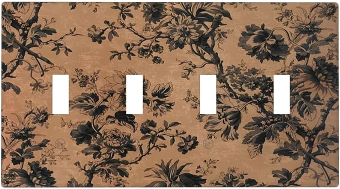 Decorative Switch Plate Covers Vintage Floral Botanical Brown Background 4 Gang Light Switch Cover Plate Quad Toggle Wall Plate Light Switch Covers for Bathroom Bedroom Decor