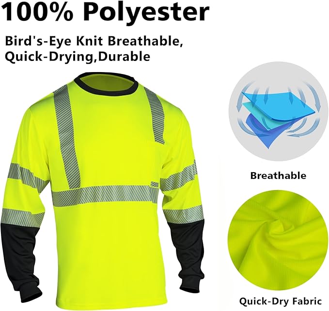 VENDACE Safety Reflective Hi Vis Long Sleeve Shirts for Men ANSI Class 3 High Visibility Construction Work T Shirts (Yellow,L)