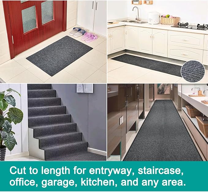 ITINA Door Mat About W3' x L16' Large Outdoor Indoor Mat Waterproof Rubber Back Rugs for Home Office Business Areas Grey-Black