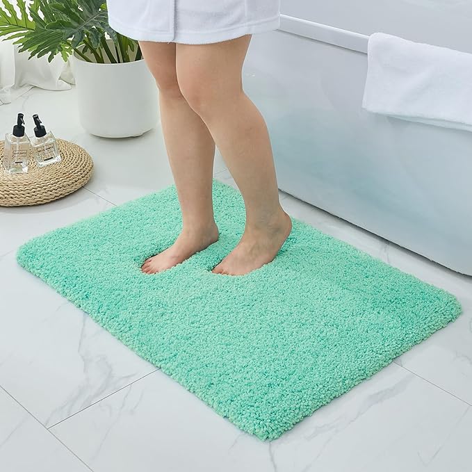 Bathroom Rugs 32x20, Ultra Thick Shaggy Soft Microfiber Absorbent Bath Rug, High Density Foam Latex Non Slip Backing, Machine Washable Bath Mats for Bathroom Floor & Sink, Spa Blue