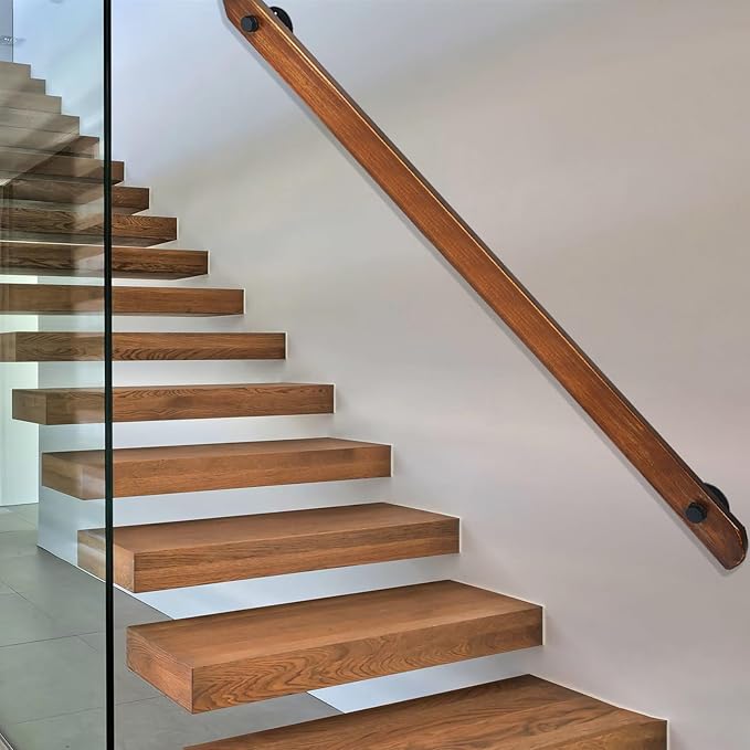 Wood Handrails, Indoor Non-Slip Staircase Handrail,Retro Rustic Wall Mount Railings Handrails, Home Loft Corridor Support Rod,Industrial Pipe Support, Easy to Install (Dark Wood, 9FT)