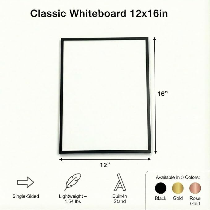 Magnetic Dry Erase Whiteboard 12x16 with Stand – Single-Sided Desktop White Board with Black Aluminum Frame – Includes Markers, Eraser & Magnets for Home, Office or Classroom