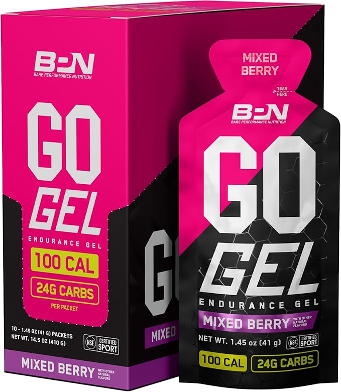 BARE PERFORMANCE NUTRITION, BPN Go Gel Endurance, 24g of Carbohydrates & 100 Calories per Pack, Vegan + Gluten Free Running Gel, 10 Single-Serving Packs, Mixed Berry