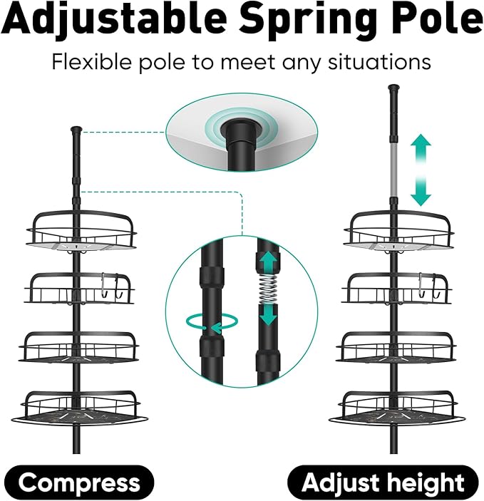 BlumWay Corner Shower Caddy Tension Pole, 4-Tier Adjustable Shower Organizer Shelves, Rustproof Bathroom Shower Organizer Corner Shelf for Bathtub Shampoo Storage, 32 to 116.5 Inch Height