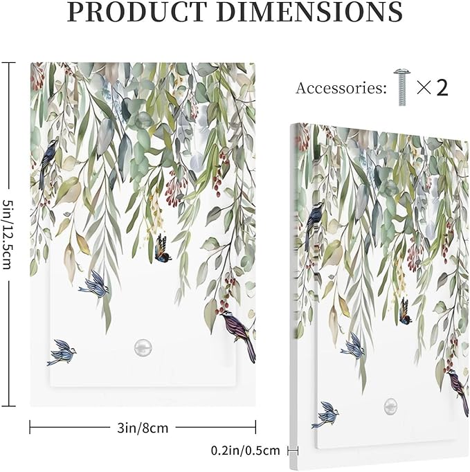 Green Leaf Eucalyptus Leaves Floral Bird Butterfly Light Switch Cover Plate 1 Gang No Device Blank Electrical Wall Plates Faceplate Decorative Switch Plate for Bed Room Living Room Decor