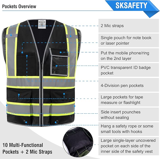 SKSAFETY 10 Pockets Safety Vest, Class 2 High Visibility Security with Zipper Back Mesh, Hi Vis Vest with Reflective Strips, ANSI/ISEA Standard, Construction Work Vest for Men ＆ Women （Black, 2XL）