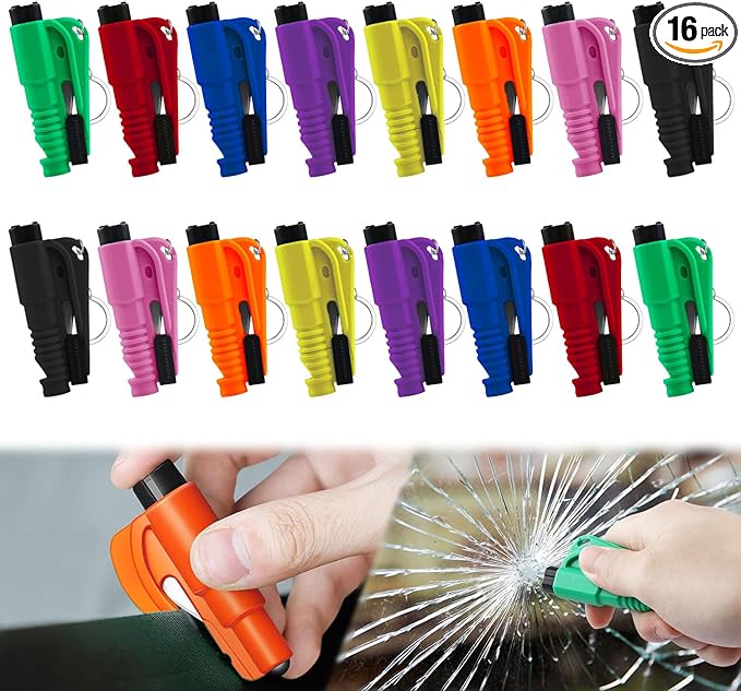 16Pcs Car Window Breaker Key Chains, Portable 3 in 1 Glass Breaker/Seat Belt Cutter/Survival Whistle, Safety Emergency Escape Tools, Multifunctional Car Accessories for All Vehicles