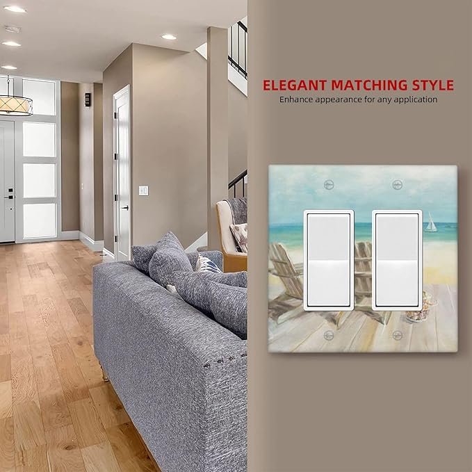 Outlet Covers Beach Chair Seascape Blue Ocean 2 Gang Wall Plate Double Rocker Light Switch Cover Modern Coastal Decorative GFCI Receptacle Cover Electrical Switchplate for Bathroom Bedroom