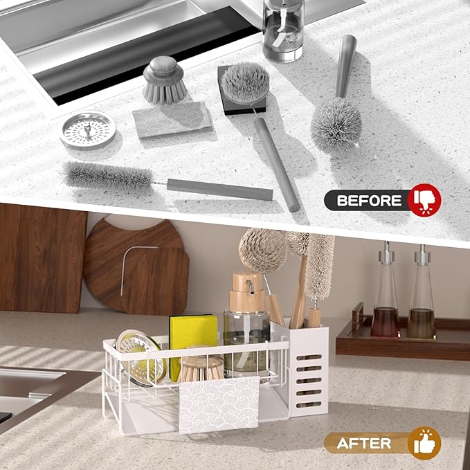 NET MEYA Kitchen Sink Caddy Organizer,Stainless Steel Sponge Holder with Dish Brush Holder,Soap Caddy for Countertop,Kitchen Sink Organizer Countertop Sink Accessories,Cleaning Caddy