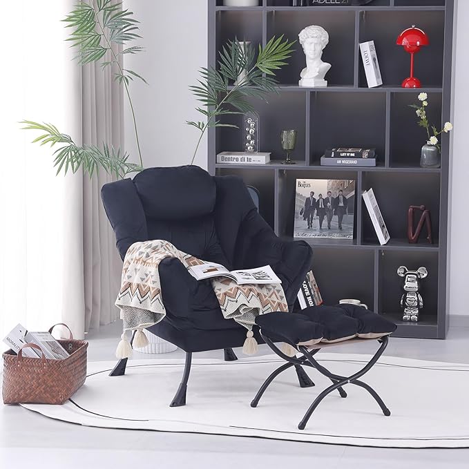 Lazy Chair with Folding Ottoman, Modern Accent Lounge Armchair with Armrests, a Side Pocket & Foldable Footstool, Leisure Reading Chair for Living Room, Bedroom, Dorm & Office, Velvet Black
