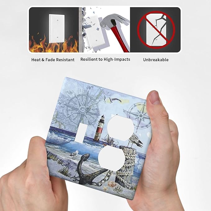 Decorative Light Switch Cover Plate Sea Ocean Sand Coast Compass Ship Lighthouse Anchor 2 Gang Outlet Covers 1 Toggle 1 Duplex Wall Plate Decorate Electrical Switch Plate Covers for Bathroom Bedroom