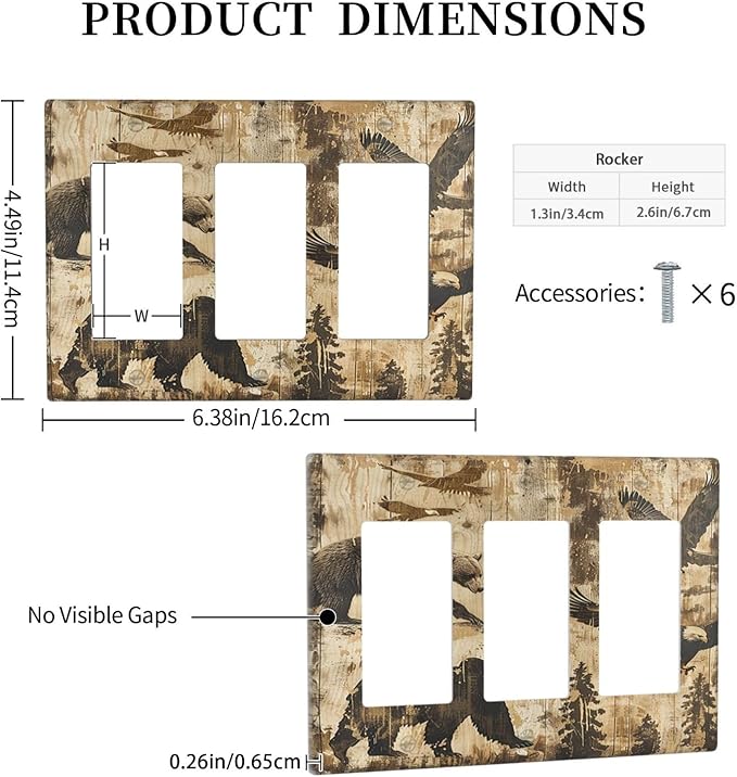 Light Switch Covers Vintage Cabin Wildlife Animal Bear Eagle Forest 3 Gang Rocker Electrical GFCI Decorative Triple Outlet Wall Plate Cover Switchplate for Farmhouse Bedroom Decor