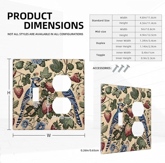 Wallplates Vintage Floral Bird Strawberry Thief William Morris 1 Toggle 1 Duplex Switch Plate Electrical GFCI Faceplate Decorative Light Switch Covers for Bedroom Home Decor