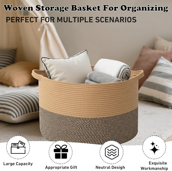 Large Storage Basket with Handle,23.6" x 23.6" x 15.7" Blanket Basket Storage Bins for Organizing,65L Cotton Rope Woven Baskets for Living Room, Nursery,Bedroom,Jute&Black