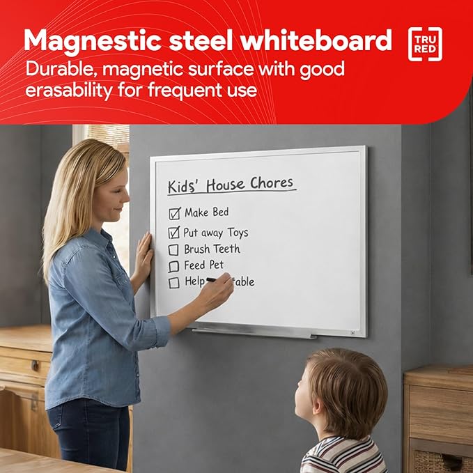 TRU RED Steel Magnetic Whiteboard | Dry Erase Board for Wall, White Board with Satin Frame, 2 ft x 1.5 ft