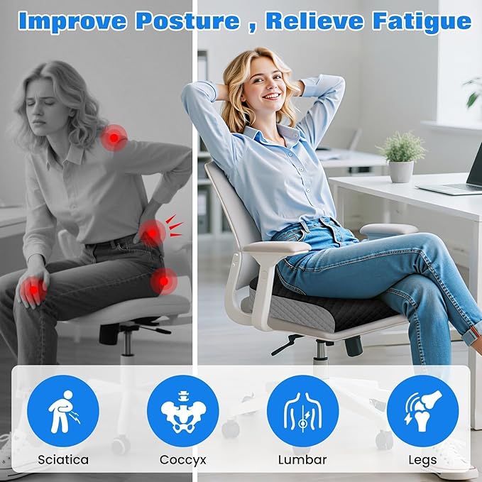 Seat Cushion, Memory Foam Chair Pad, Non-Slip Cushion for Office, Home, Car, Large Desk Chair Cushion, Washable Cover & Handle, X-Large, Black