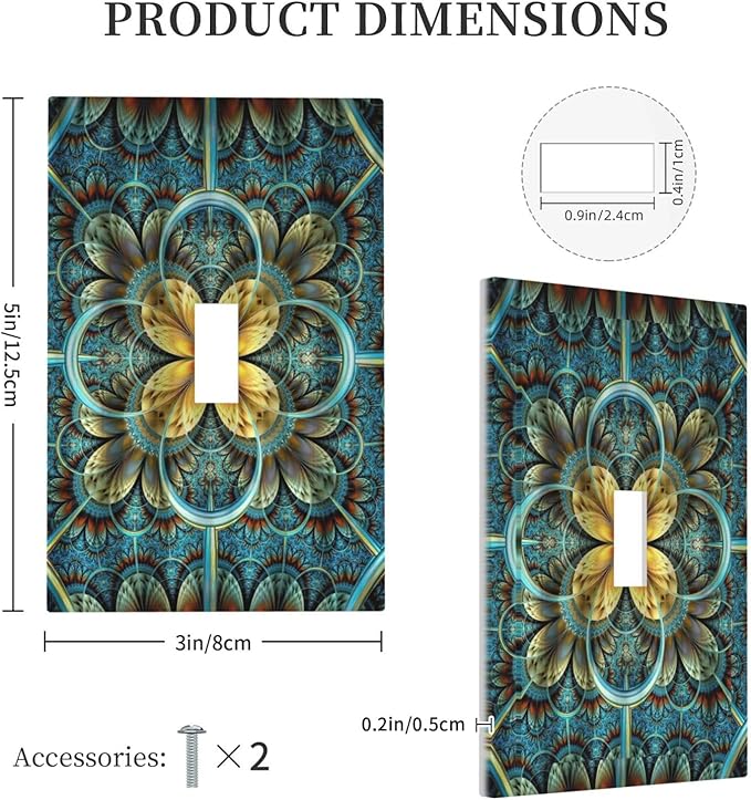 Light Switch Cover Boho Fractal Mandala 1 Gang Wall Plate Cover Bohemia Single Toggle Outlet Covers Decorative Switchplate Electrical Faceplate for Bathroom Bedroom Decor