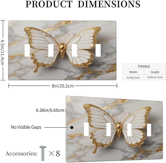 Gold Marble Shine Butterfly Abstract Modern Print Light Switch Covers Quad Toggle Electrical Faceplate 4 Gang Wall Plate Decorative Switch Plates for Bed Room Bathroom Decor