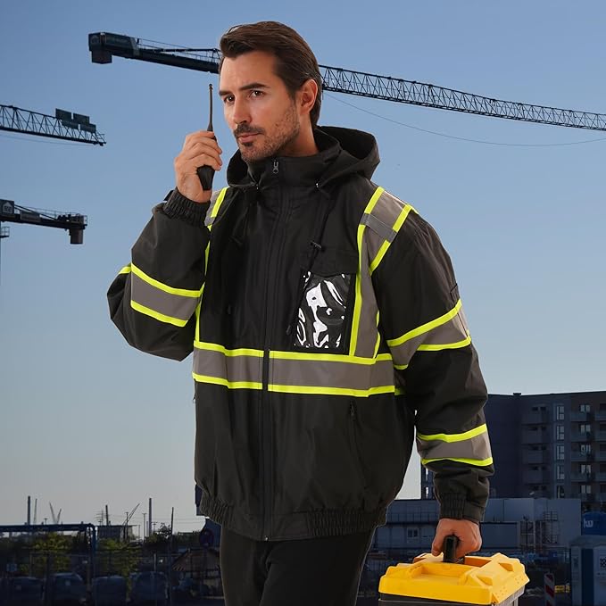 Hi Vis Safety jacket for men,Reflective high Visibility Hooded jacket,Work Bomber Jacket with Pockets and Zipper,Waterproof,ANSI Class 3 Black,Medium