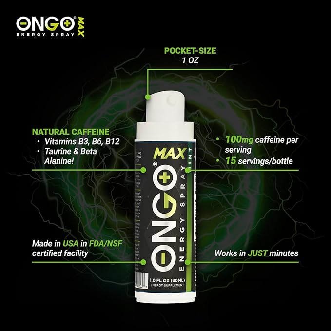 OnGo Energy - Natural caffeine (1500mg) Instant Energy Oral Spray | Vegan, Sugar and Gluten free | B3, B6, B12 vitamin spray | Focus and Memory | Study, Work and much more | Mint flavor | 15 servings