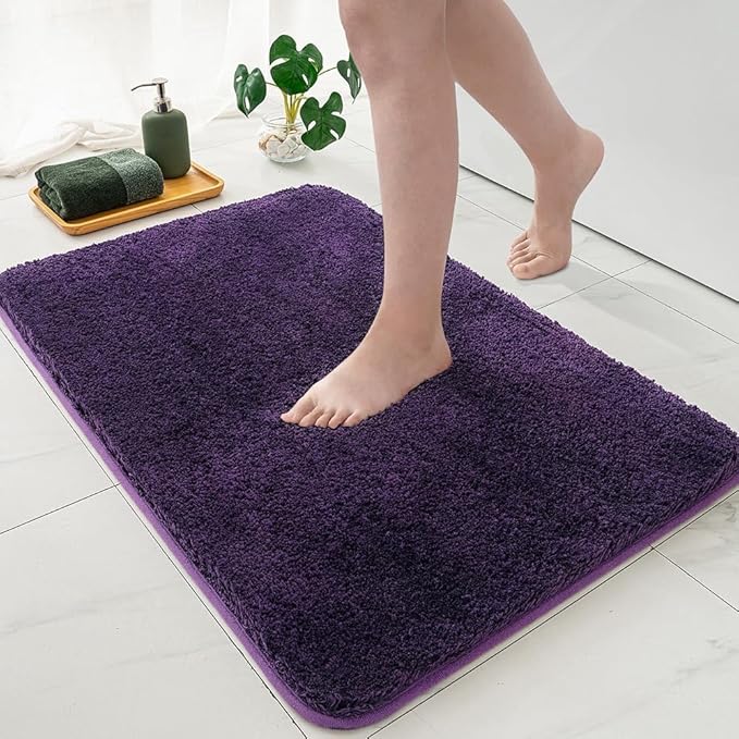 MIULEE Extra Thick Non Slip Bathroom Rug Shaggy Soft Bath Mat Plush Microfiber Absorbent Water for Shower Tub Machine Washable (Dark Purple, 16x48 Inches)